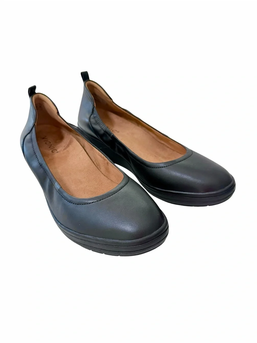 Vionic Jacey Black Leather Wedge Shoes Size 10 Slip-on Arch Support Ballet-flat